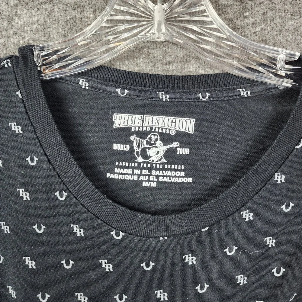 True Religion T-Shirt Mens Medium Black Logo All Over Print Short Sleeve Tee